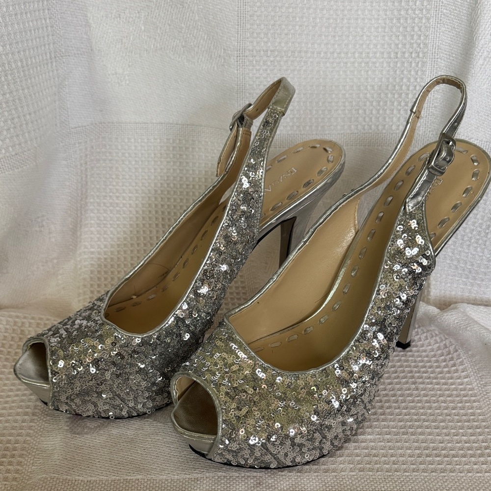 Enzo Angiolini Silver Sequin Peep-Toe Heels